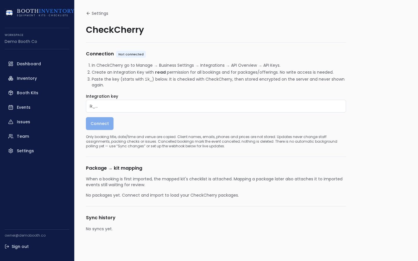 CheckCherry integration settings with package to kit mapping